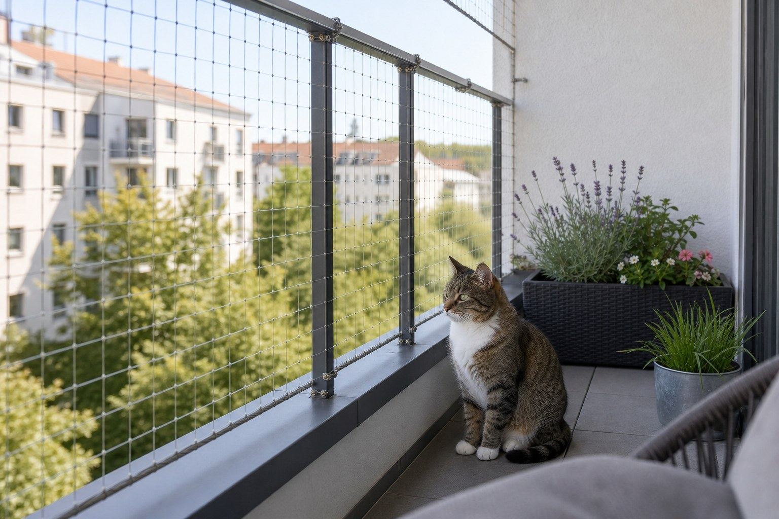 Katze auf einem Balkon mit korrekt gespanntem Katzennetz am Geländer