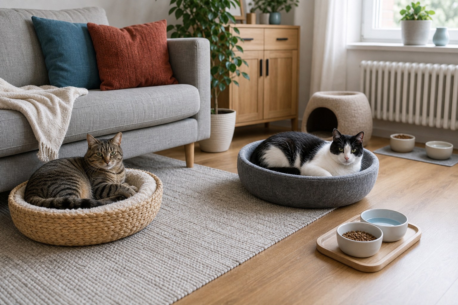 Katze sitzt entspannt in einem hellen Zuhause