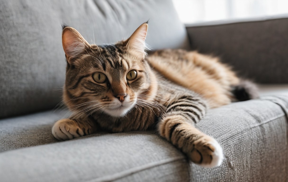 Katze wird entspannt auf dem Sofa gestreichelt