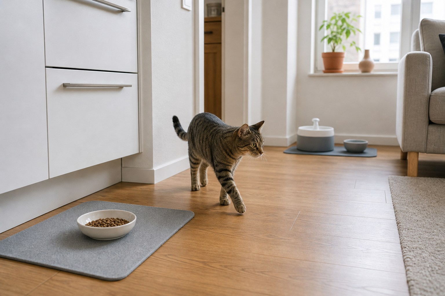 Katze neben getrennten Futter- und Wassernäpfen