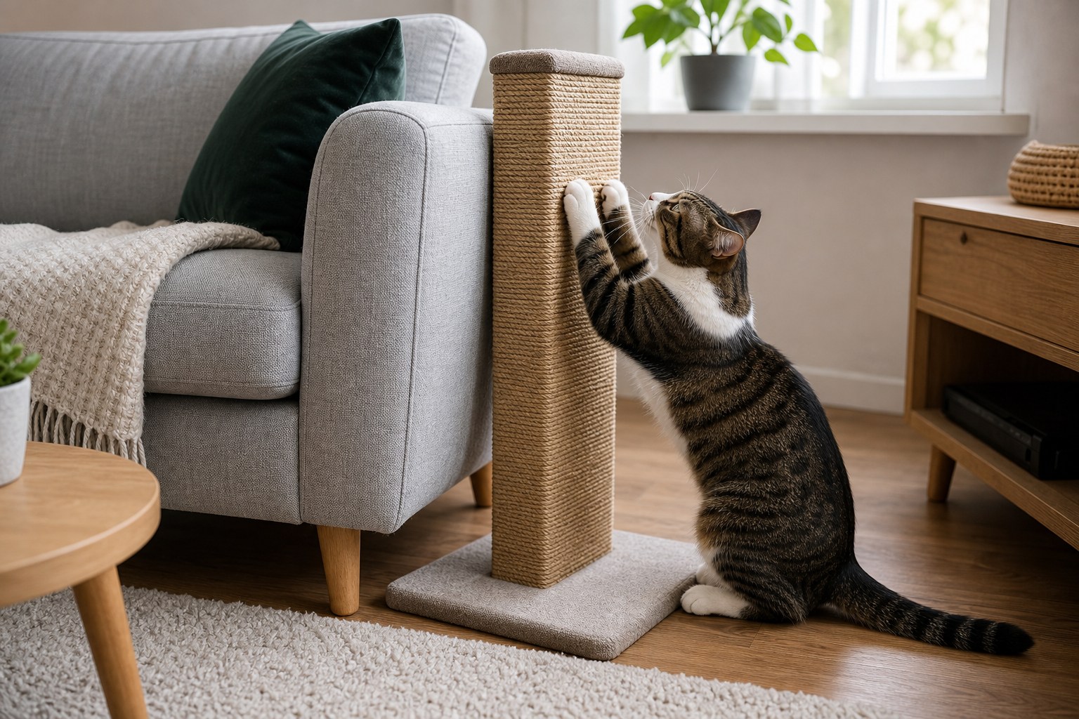 Katze auf einem stabilen Kratzbaum im Wohnzimmer