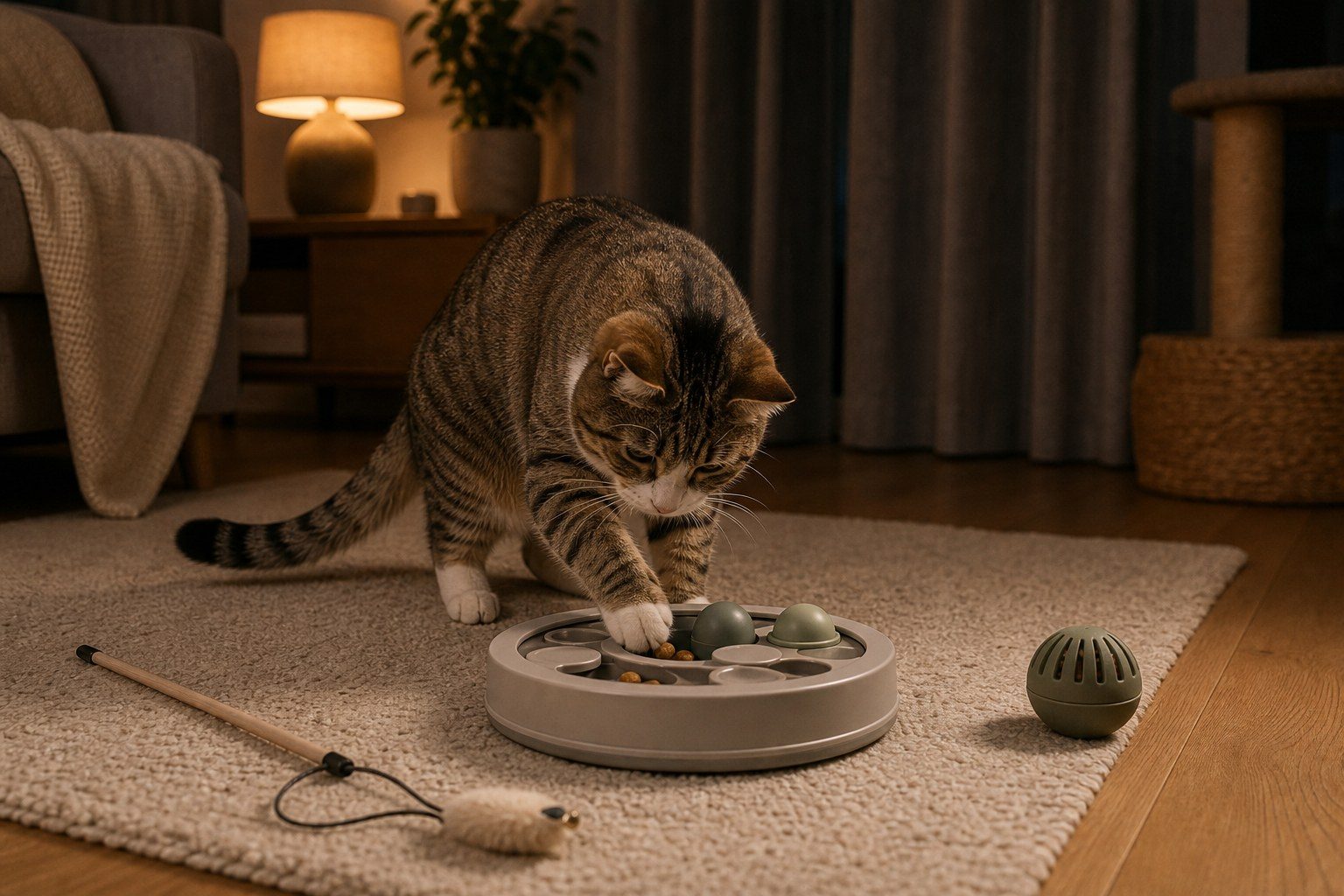 Katze mit ruhigem Beschäftigungsspielzeug im Abendlicht