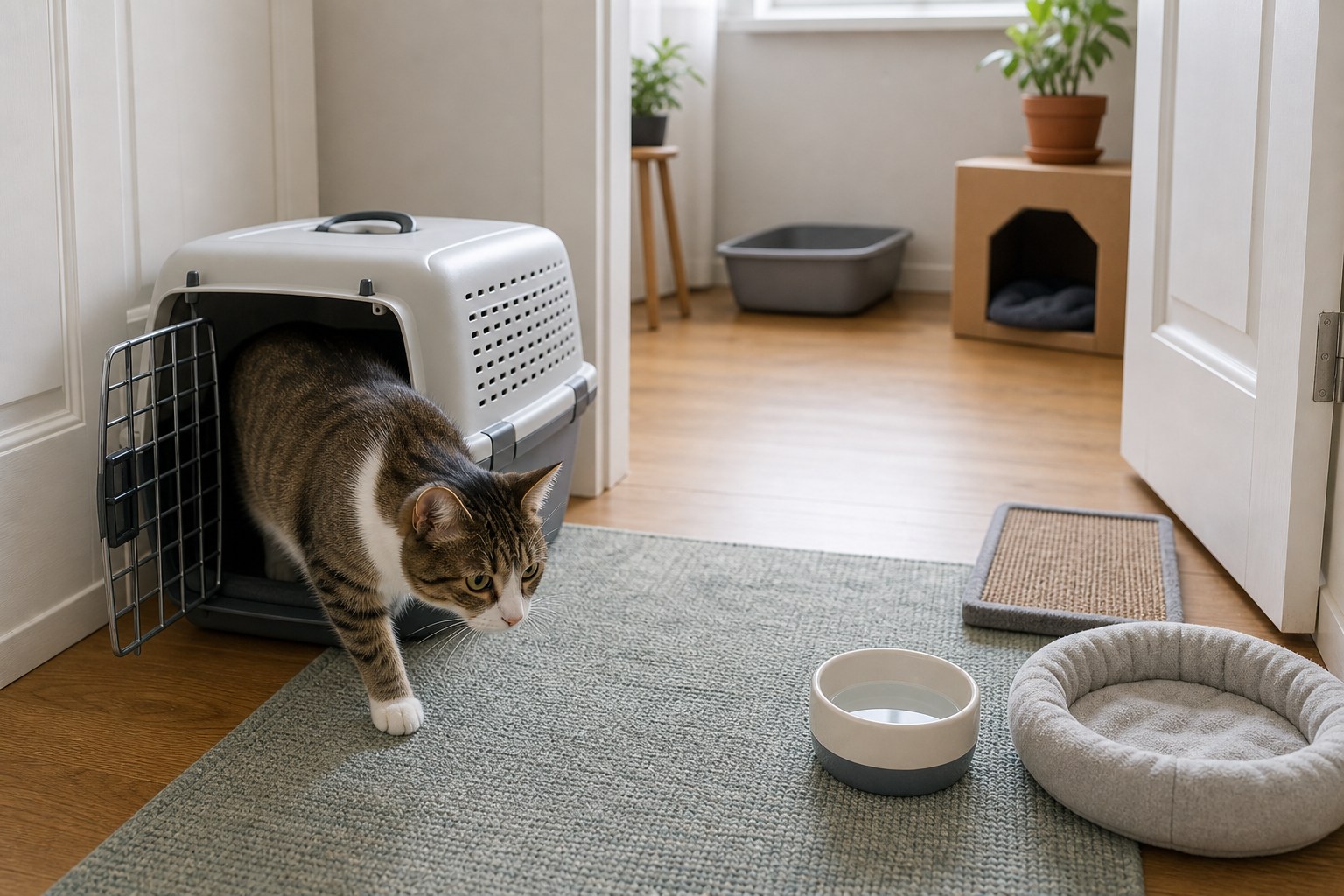 Katze erkundet vorsichtig ihr neues Zuhause