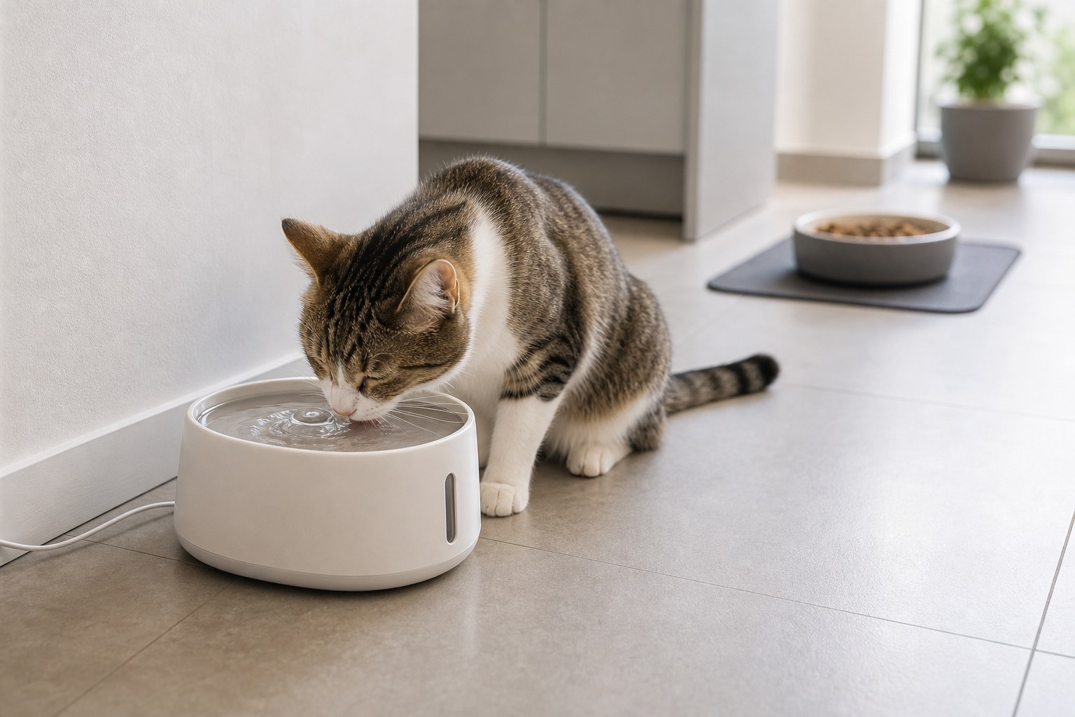 Katze trinkt aus einem Trinkbrunnen, der getrennt vom Futterplatz steht