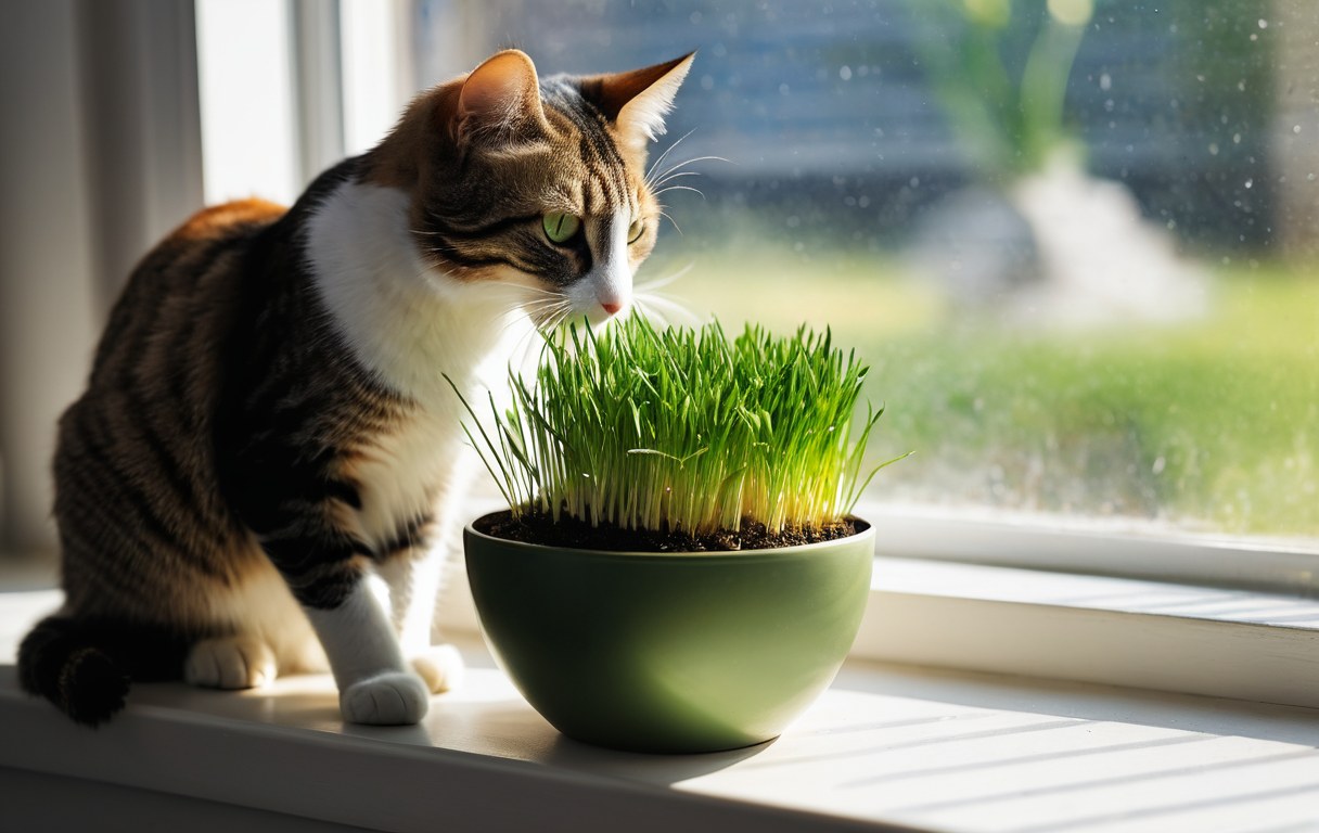 Katze knabbert an frischem Katzengras am Fenster