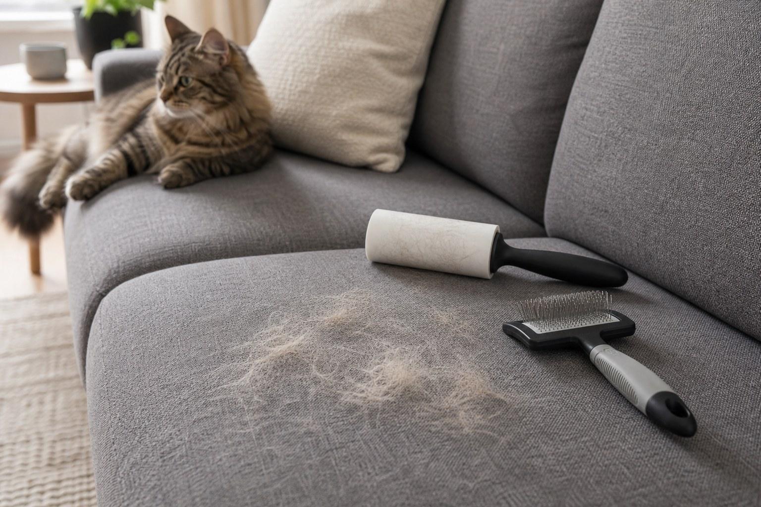 Katzenhaare auf einem Sofa mit Fusselrolle und Tierhaarbürste