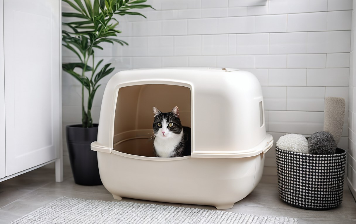 Katze neben einem sauberen Katzenklo in hellem Bad