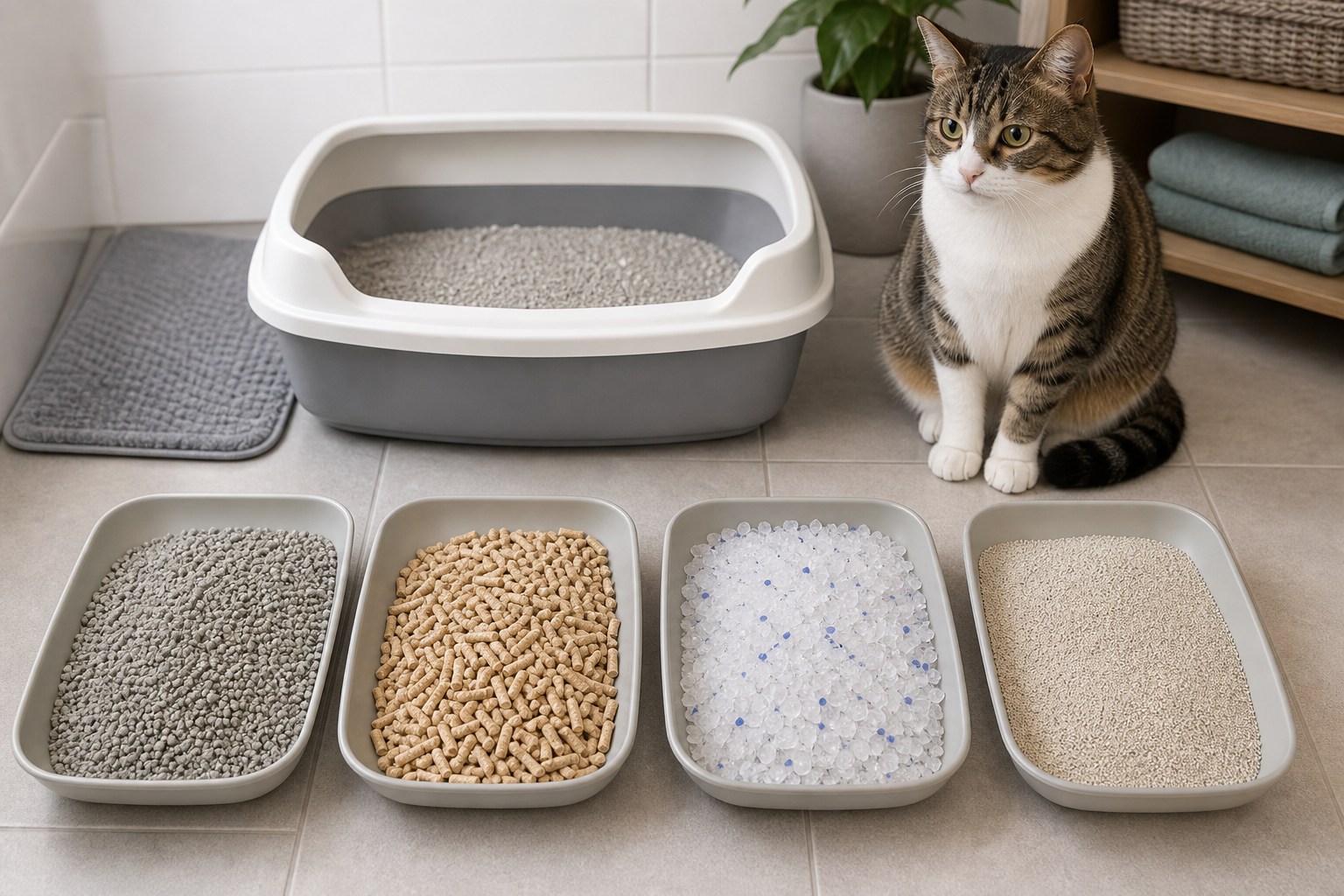 Sauberes Katzenklo mit Streu in einem ruhigen Raum