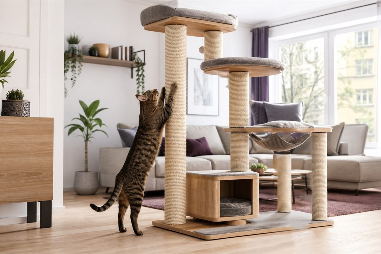 Katze auf einem stabilen Kratzbaum im Wohnzimmer