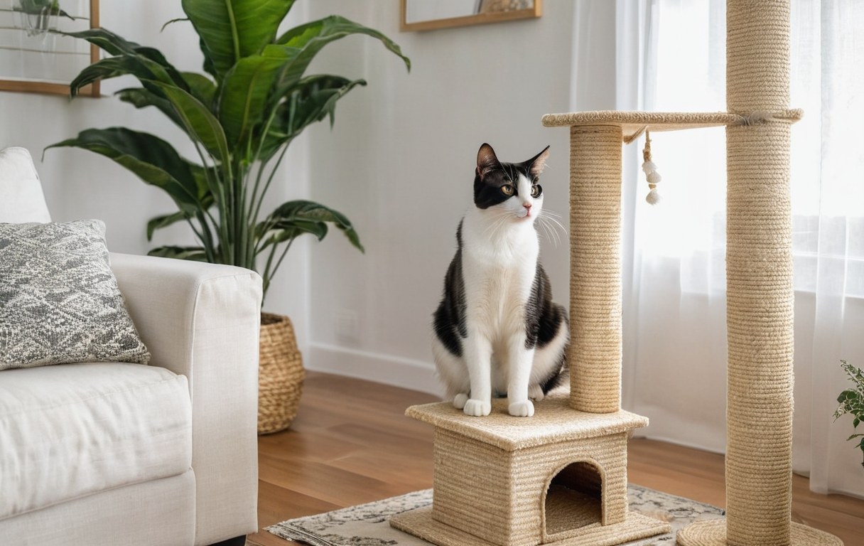 Katze auf einem stabilen Kratzbaum im Wohnzimmer