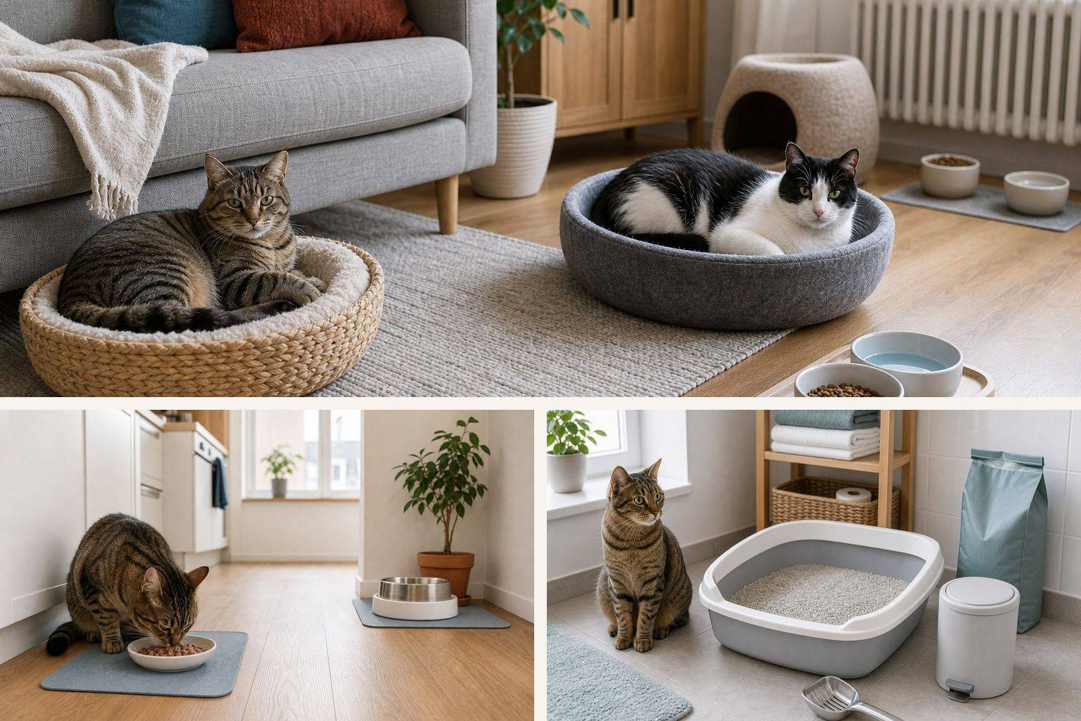 Zwei Katzen mit getrennten Futter- und Ruhebereichen in einer Wohnung