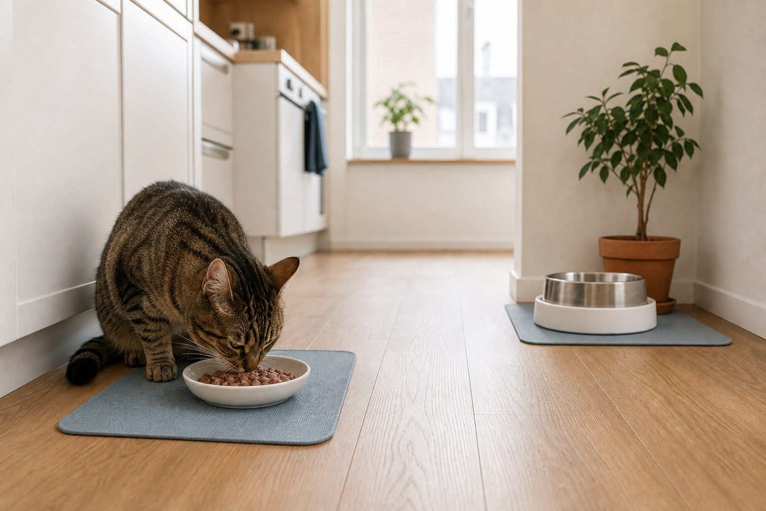 Katze neben getrennten Futter- und Wassernäpfen