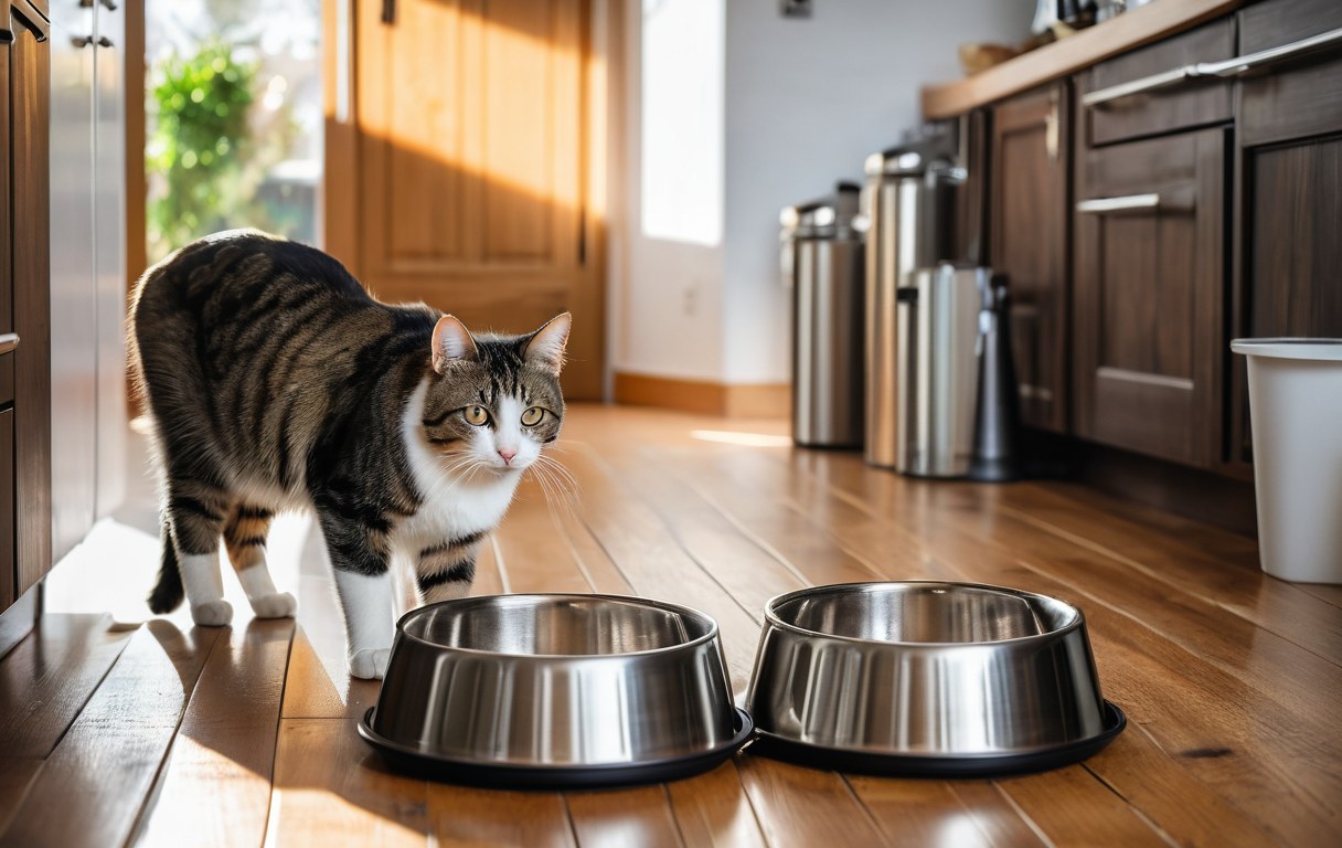 Katze neben getrennten Futter- und Wassernäpfen