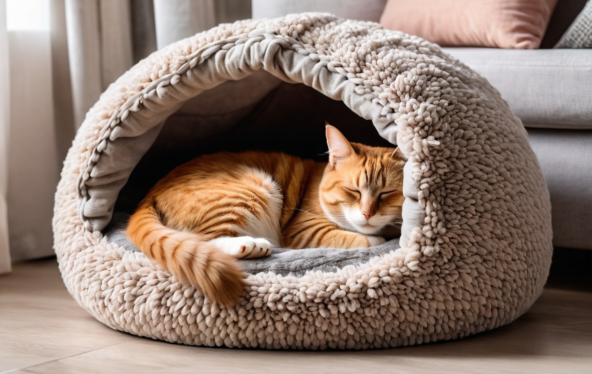 Katze schläft zusammengerollt in einer kuscheligen Höhle
