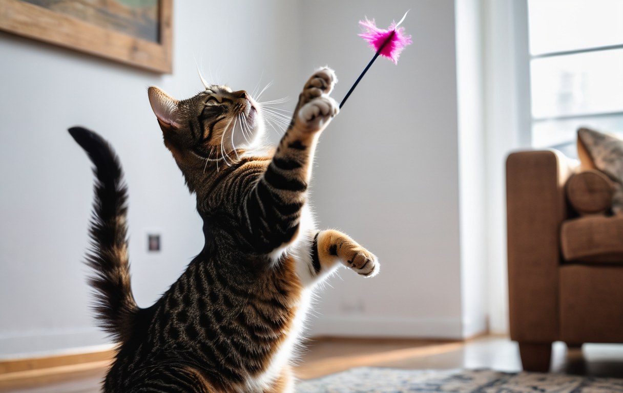 Katze fängt verspielt eine Federangel