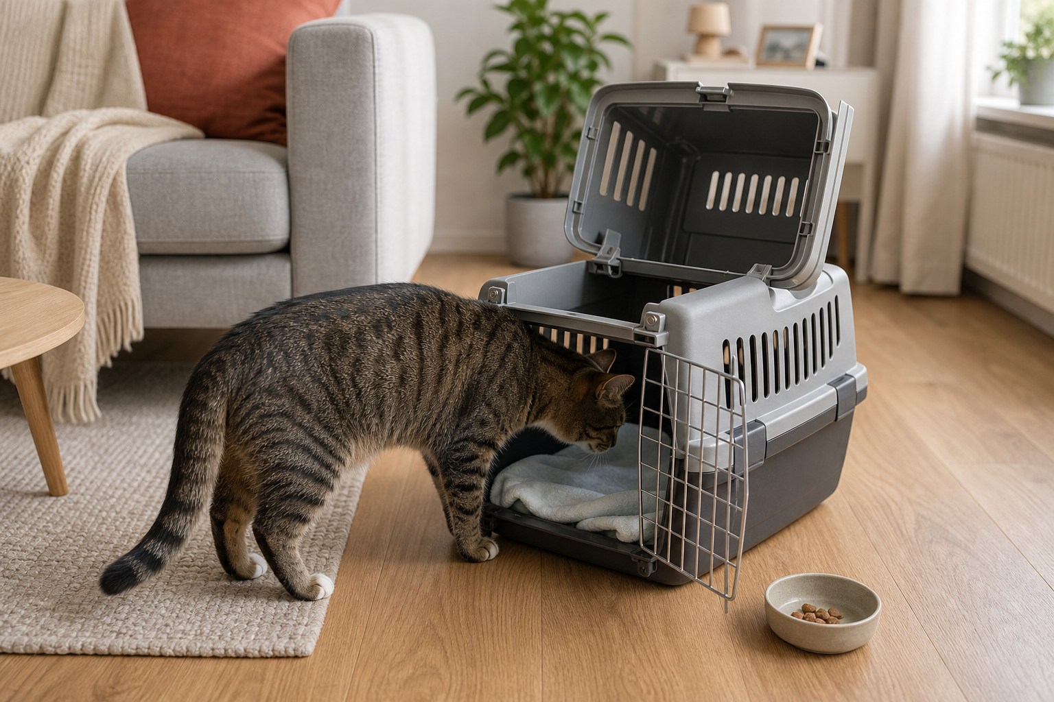 Katze ruht vorsichtig in der Nähe ihres Rückzugsorts