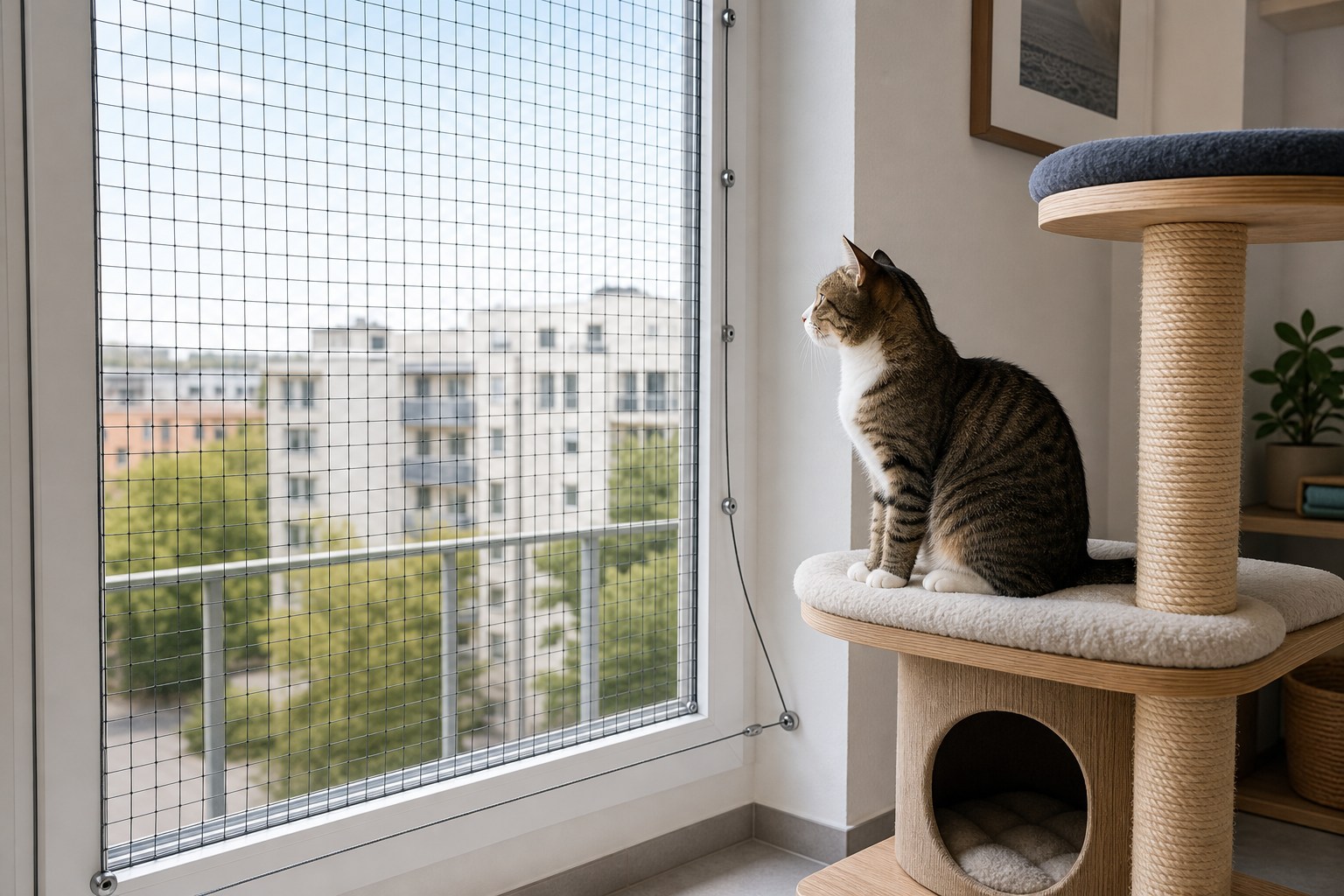 Katze sitzt aufmerksam in einer hellen Wohnung