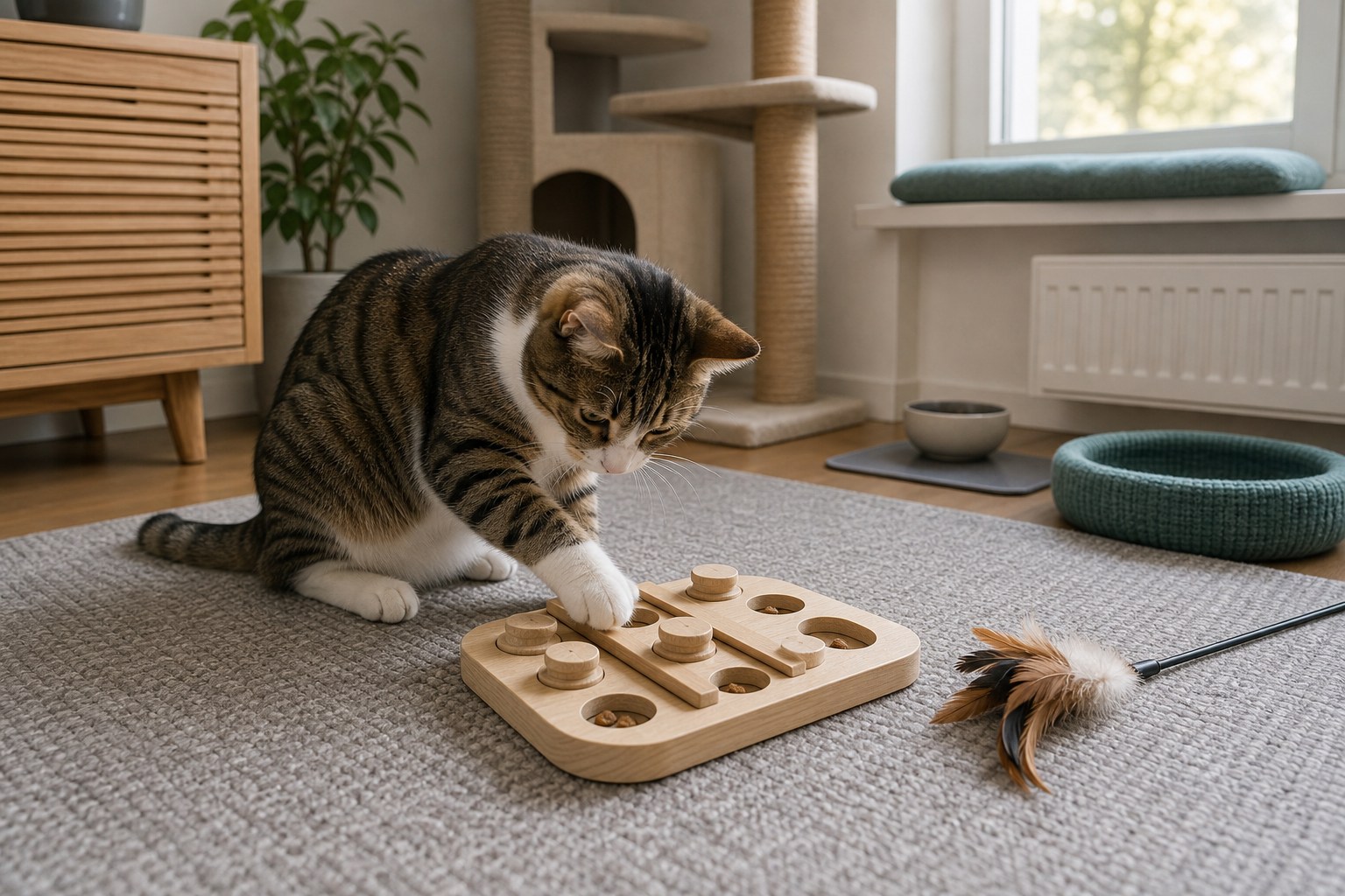 Katze spielt mit einer Federangel